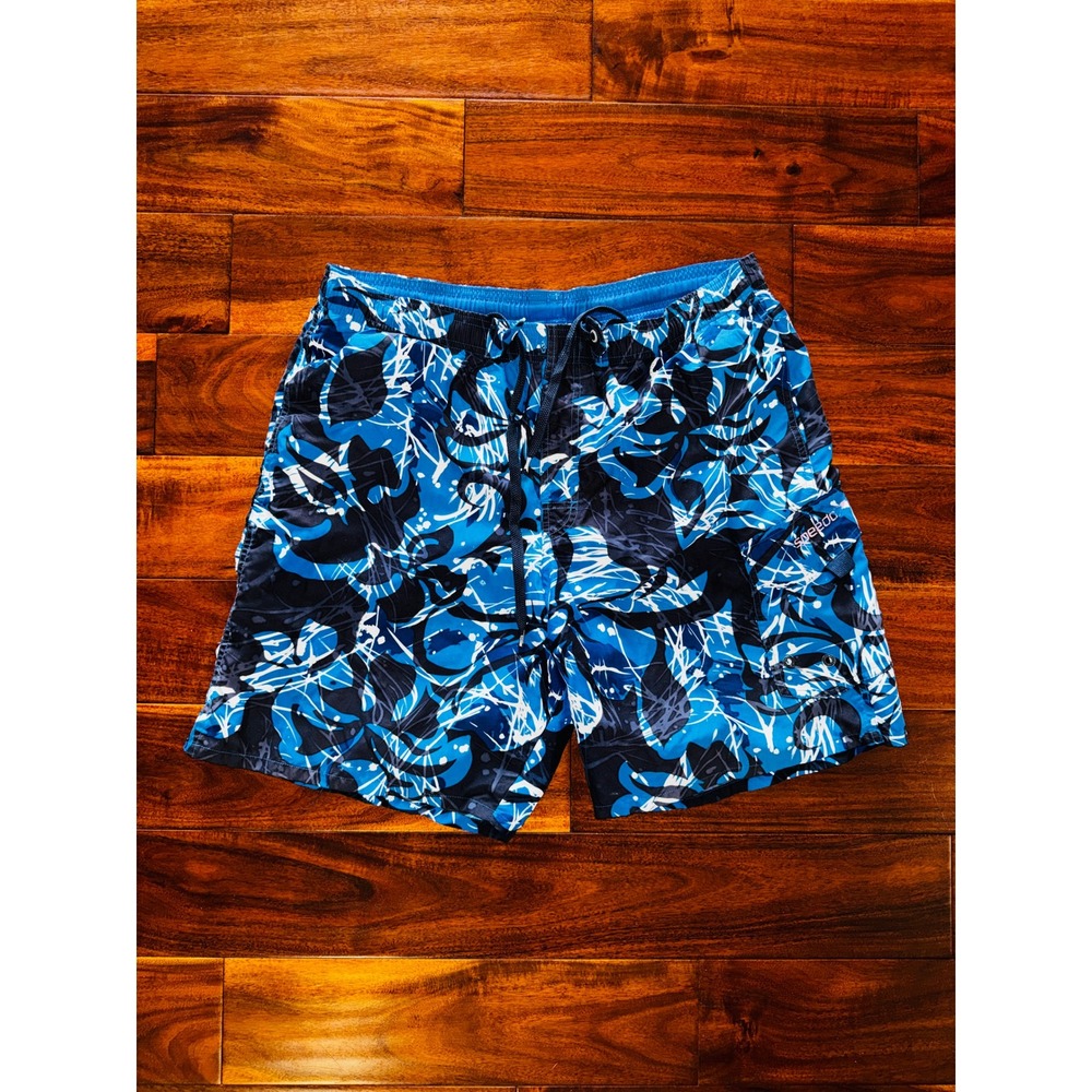 Speedo Mens Blue Abstract Print Swim Trunks Mesh Lined Cargo Pocket Board Shorts